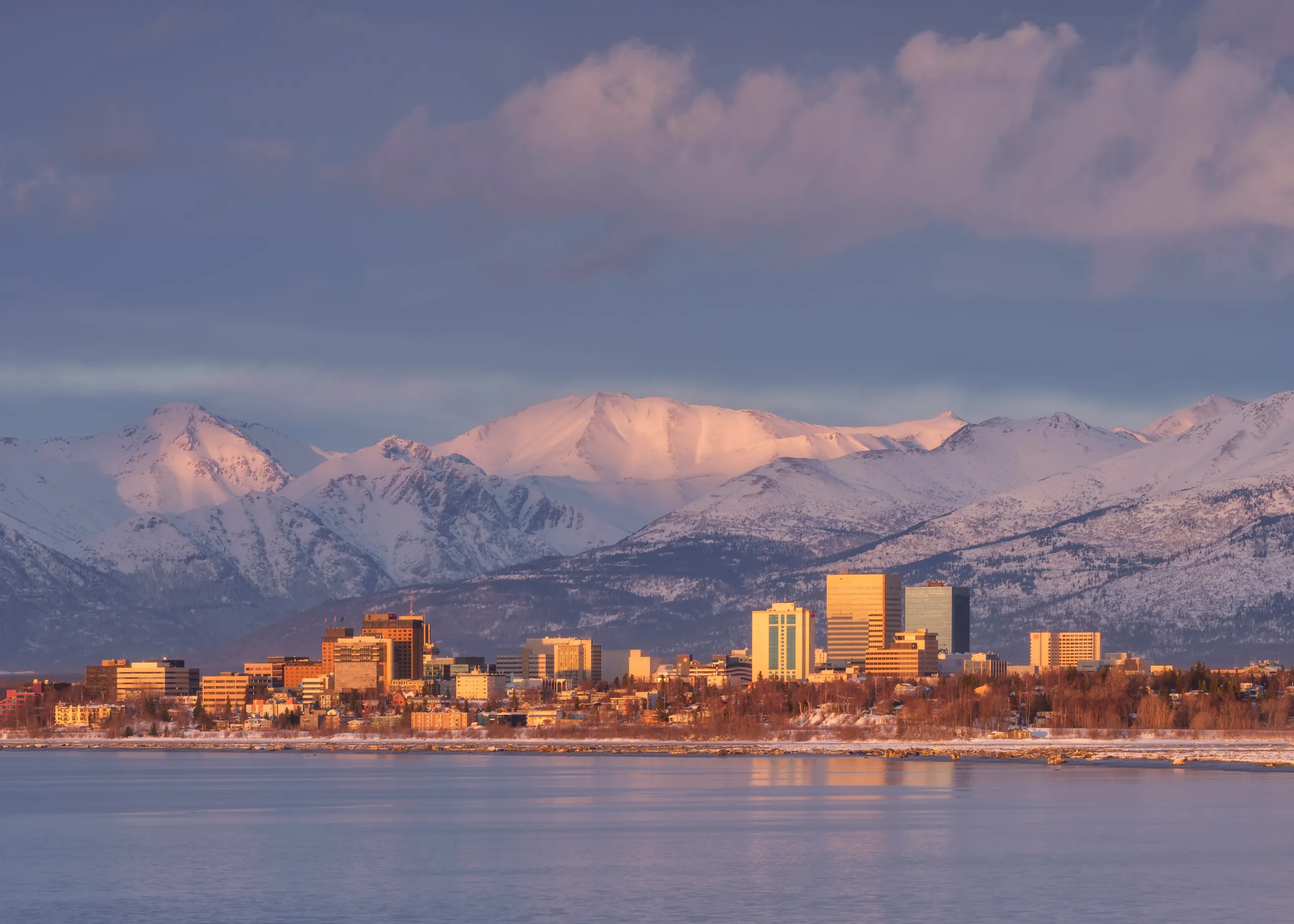 Anchorage Alaska skyline at sunset — property management service area