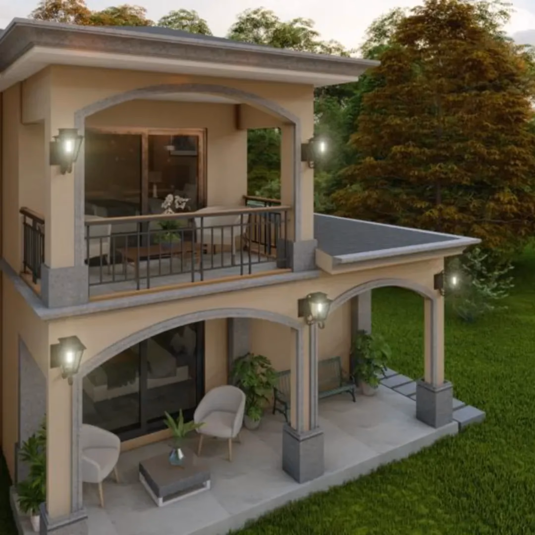 Render 3D de una casa moderna de dos plantas recién remodelada.